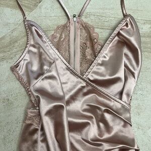 Fashion Nova Satin Lace Slip Dress in Blush